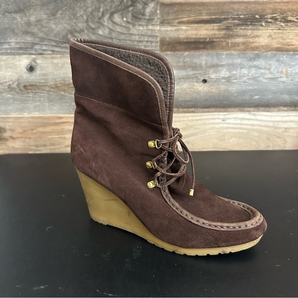 Tommy Hilfiger Brown Zaria Boots Suede Wedge Bootie Womens  Size 10 Fold Over - Picture 11 of 11